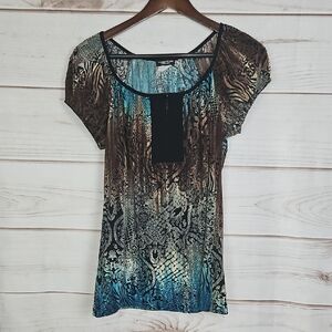 Perseption Brown, Black, & Blue Patterned Blouse - Size Medium